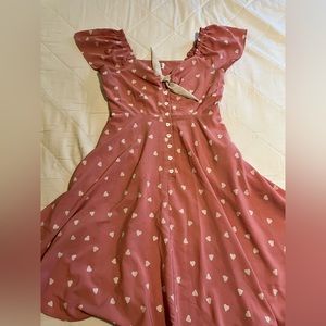 Unique Vintage - Pink & White Heart Print Ellias Swing Dress - L/10-12
